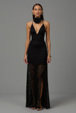 Black 3D Flowers Sheath V Neck Long Formal Dress with Lace
