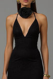 Black 3D Flowers Sheath V Neck Long Formal Dress with Lace