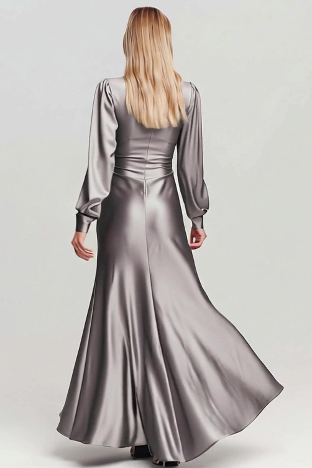 Grey Ruched Satin V Neck Long Formal Dress with Sleeves