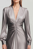 Grey Ruched Satin V Neck Long Formal Dress with Sleeves