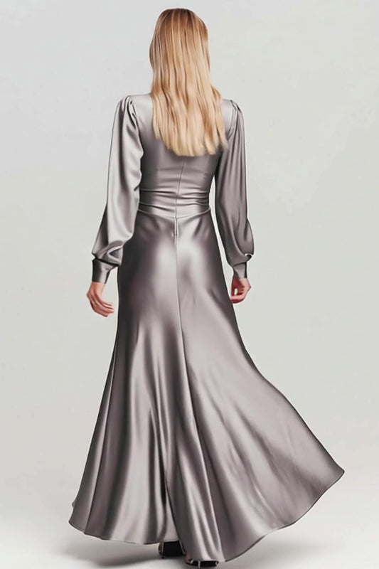 Grey Ruched Satin V Neck Long Formal Dress with Sleeves