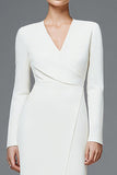 Simple Ivory V-Neck Pencil Ruched Long Sleeves Work Dress