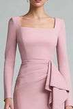 Pink Ruched Pencil Square Neck Midi Work Dress with Ruffles