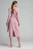 Pink Ruched Pencil Square Neck Midi Work Dress with Ruffles