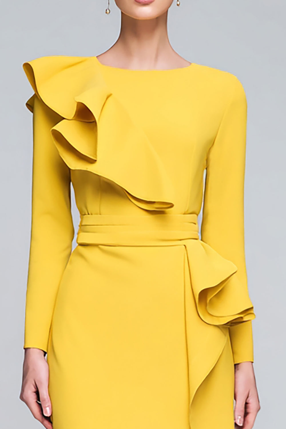 Yellow Ruffled Pencil Long Sleeves Work Dress with Slit