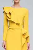 Yellow Ruffled Pencil Long Sleeves Work Dress with Slit