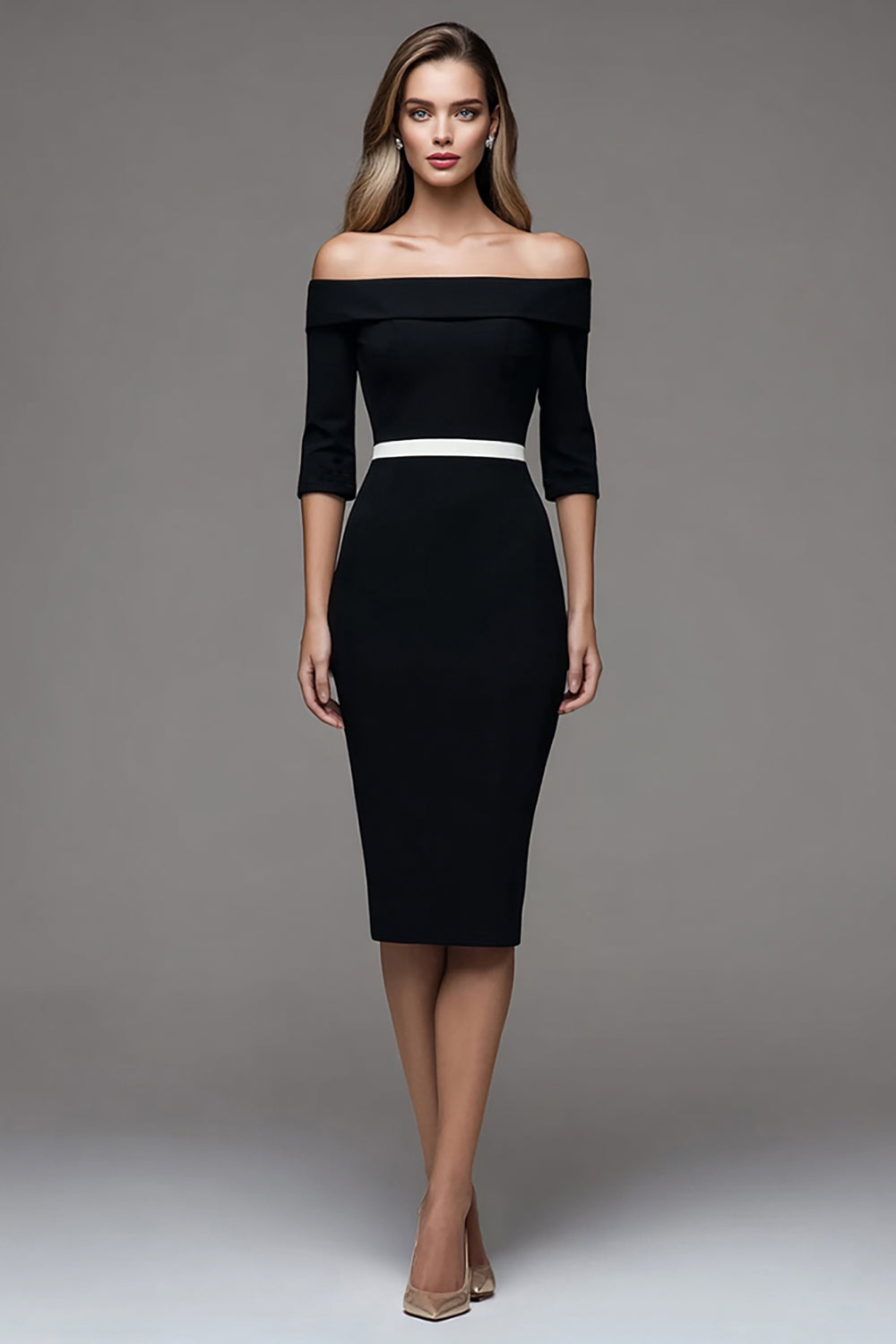 Black Off the Shoulder Pencil Half Sleeves Midi Work Dress