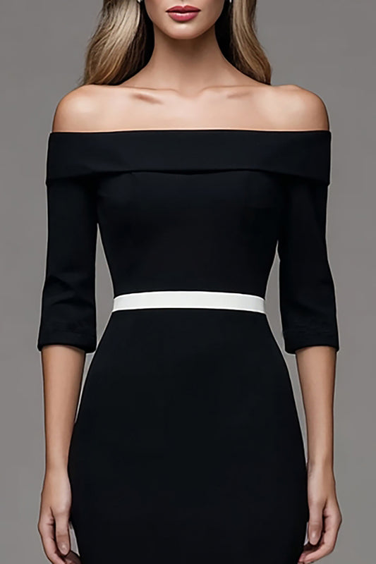 Black Off the Shoulder Pencil Half Sleeves Midi Work Dress