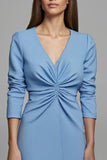 Sky Blue Ruched Pencil V-Neck Long Work Dress with Sleeves