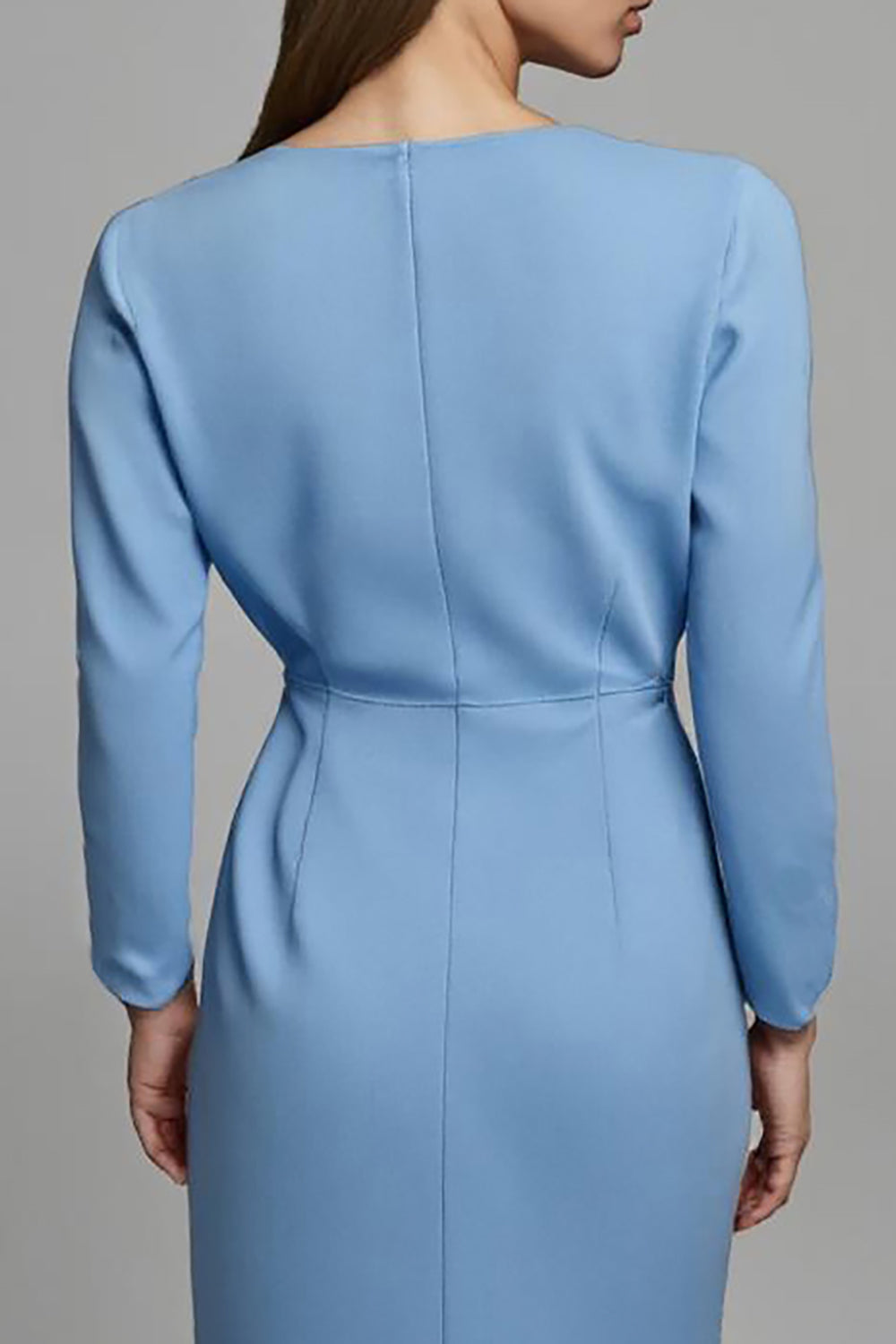 Sky Blue Ruched Pencil V-Neck Long Work Dress with Sleeves
