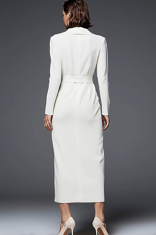 Simple Ivory Pencil Shawl Lapel Long Blazer Dress with Sleeves