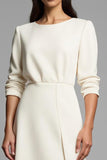 Pencil Boat Neck Ivory Midi Work Dress with Slit