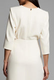Pencil Boat Neck Ivory Midi Work Dress with Slit