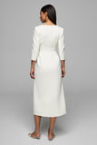 Ivory Pencil V-Neck 3/4 Sleeves Long Work Dress with Buttons