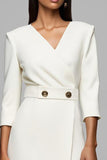 Ivory Pencil V-Neck 3/4 Sleeves Long Work Dress with Buttons