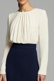 Navy and White Pencil Long Sleeves Ruched Work Dress