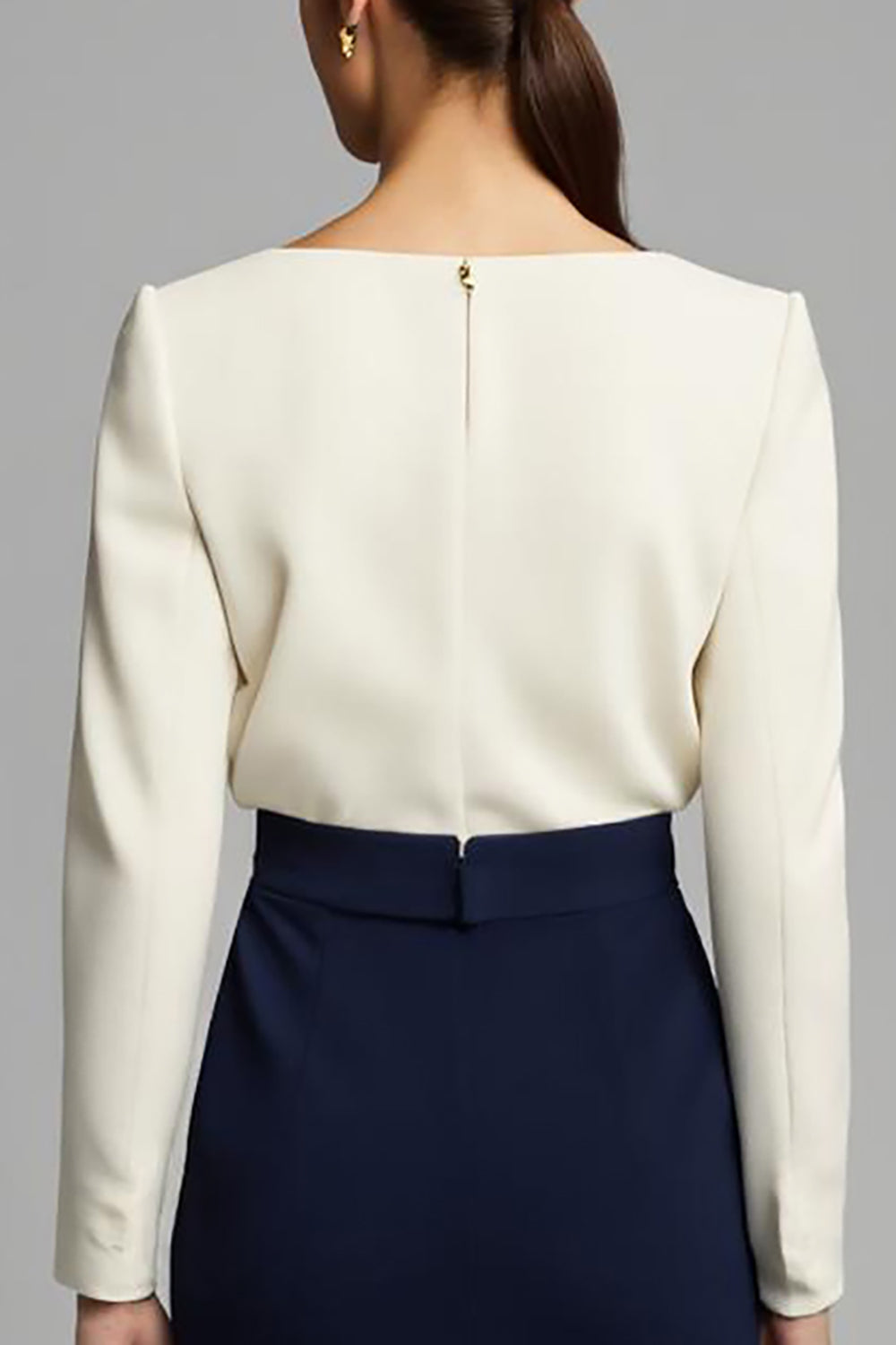 Navy and White Pencil Long Sleeves Ruched Work Dress