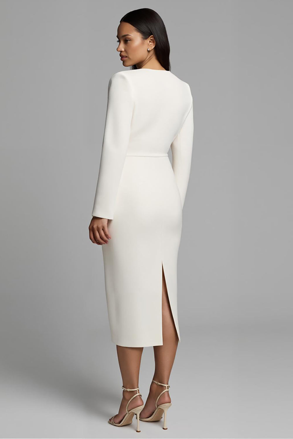 Zapakasa Women Simple Ivory Pencil Midi Work Dress Long Sleeves Bodycon Bateau Neck Business Dress