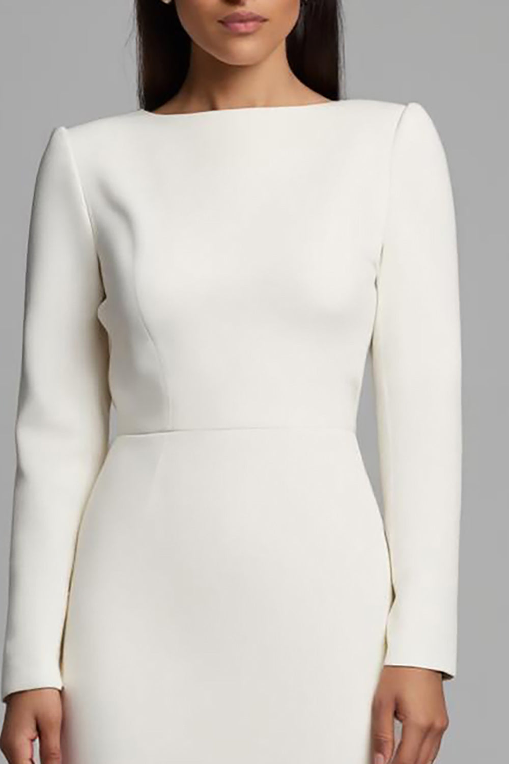 Simple Ivory Pencil Bateau Neck Midi Work Dress with Slit