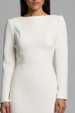 Simple Ivory Pencil Bateau Neck Midi Work Dress with Slit