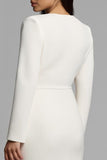 Simple Ivory Pencil Bateau Neck Midi Work Dress with Slit