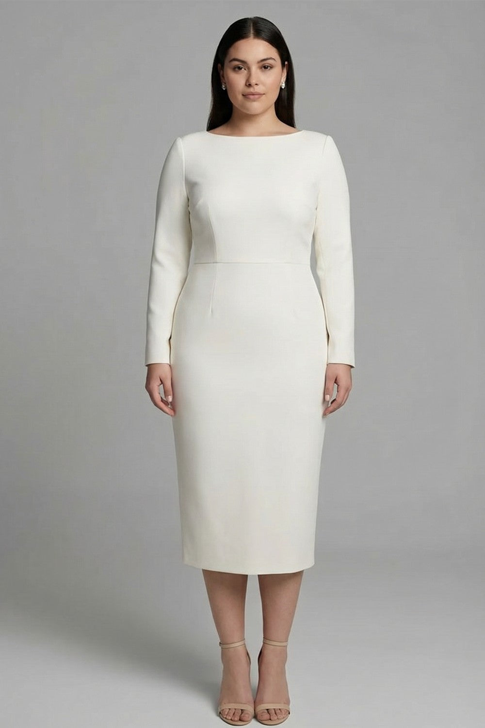 Plus Size Simple Ivory Bateau Neck Pencil Midi Work Dress with Sleeves