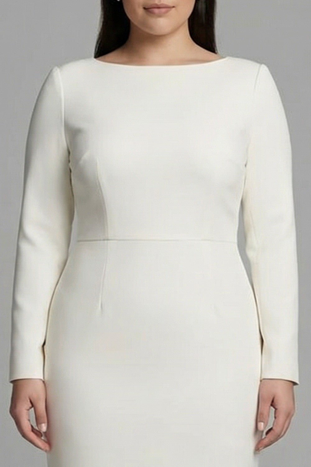 Plus Size Simple Ivory Bateau Neck Pencil Midi Work Dress with Sleeves
