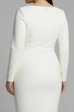 Plus Size Simple Ivory Bateau Neck Pencil Midi Work Dress with Sleeves