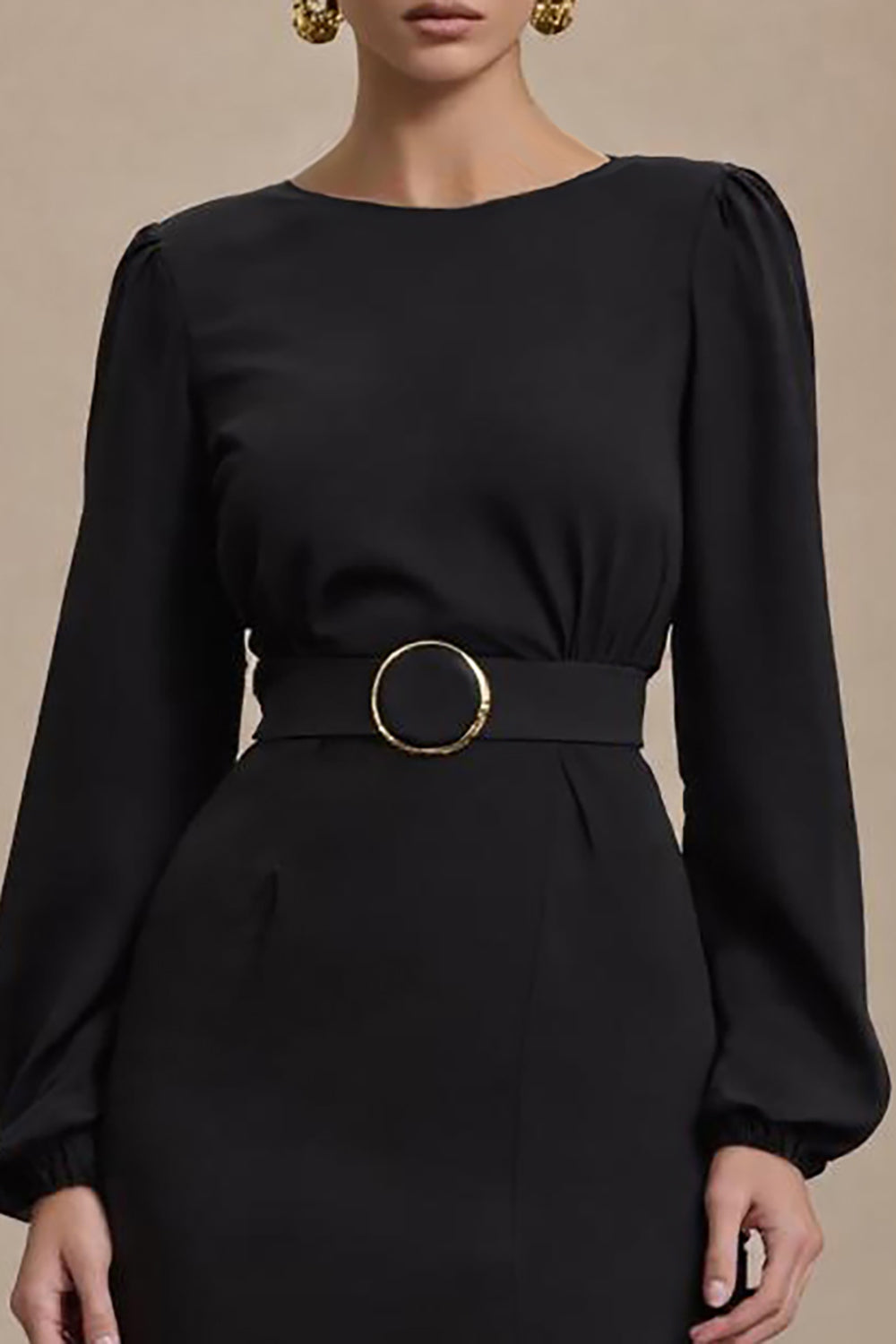 Black Long Sleeves Pencil Open Back Work Dress with Slit