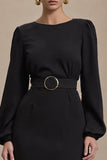 Black Long Sleeves Pencil Open Back Work Dress with Slit