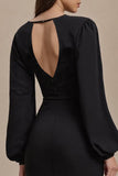 Black Long Sleeves Pencil Open Back Work Dress with Slit