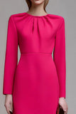 Fuchsia Round Neck Ruched Pencil Midi Work Dress with Sleeves