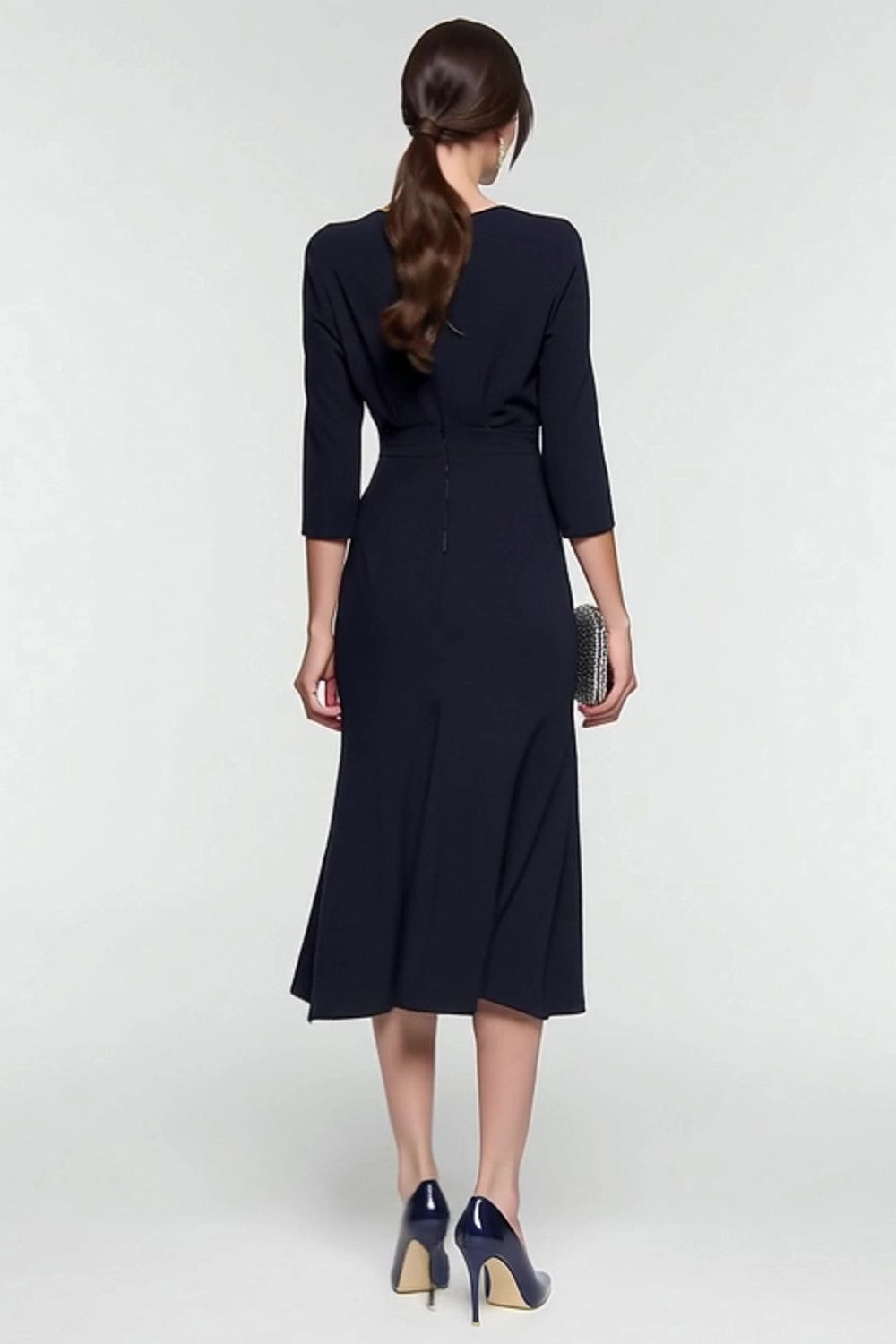 Black and White Patchwork Lapel Neck 3/4 Sleeves Midi Work Dress