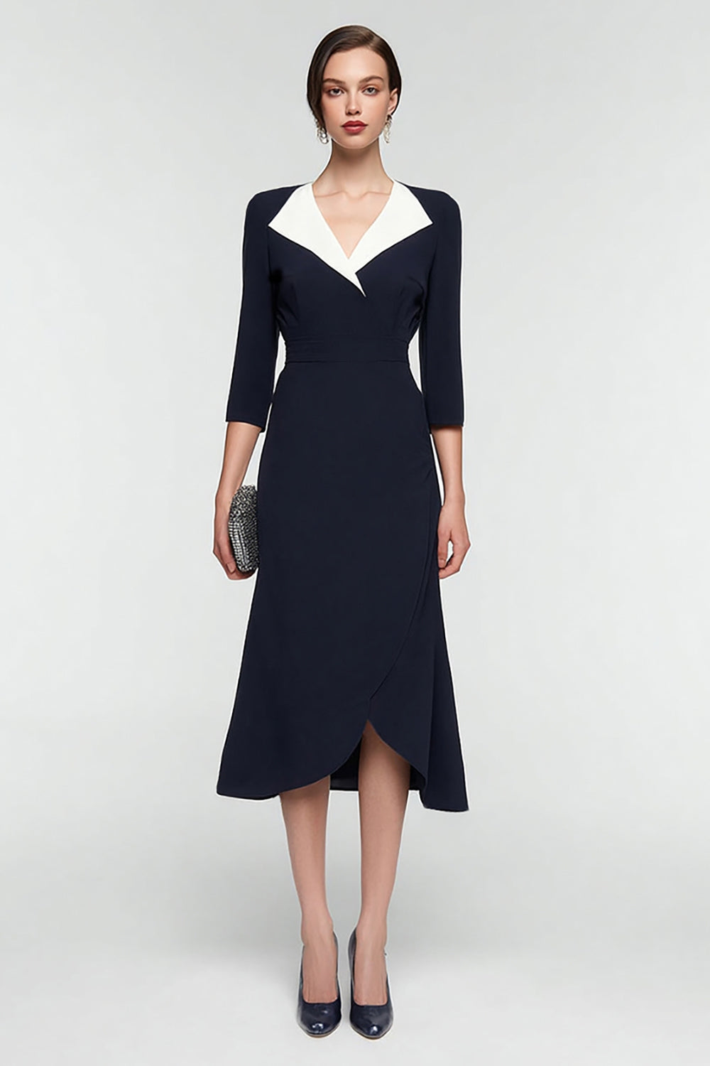Black and White Patchwork Lapel Neck 3/4 Sleeves Midi Work Dress