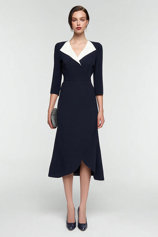 Black and White Patchwork Lapel Neck 3/4 Sleeves Midi Work Dress