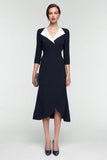 Black and White Patchwork Lapel Neck 3/4 Sleeves Midi Work Dress