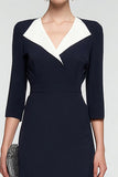 Black and White Patchwork Lapel Neck 3/4 Sleeves Midi Work Dress