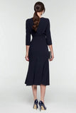 Black and White Patchwork Lapel Neck 3/4 Sleeves Midi Work Dress