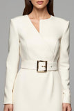 Ivory Asymmetrical Neck Long Sleeves Work Dress with Belt