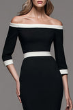Black and White Patchwork Off the Shoulder Pencil Midi Work Dress