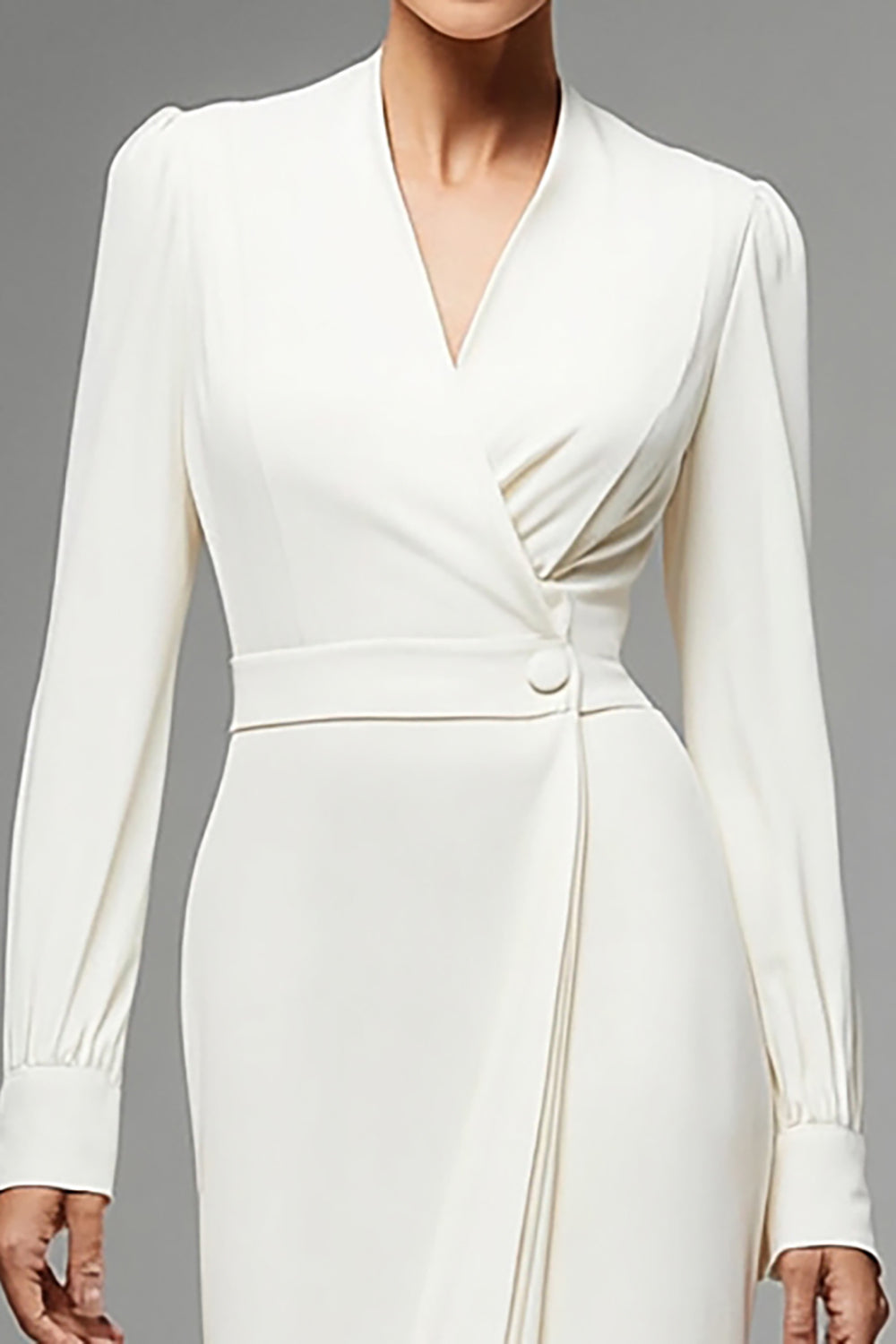 Ivory Chiffon V-Neck Ruched Long Sleeves Work Dress