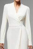 Ivory Chiffon V-Neck Ruched Long Sleeves Work Dress