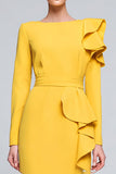 Yellow Bateau Neck Pencil Long Ruffled Work Dress with Sleeves