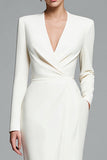 Ivory Satin V-Neck Sheath Long Sleeves Work Dress