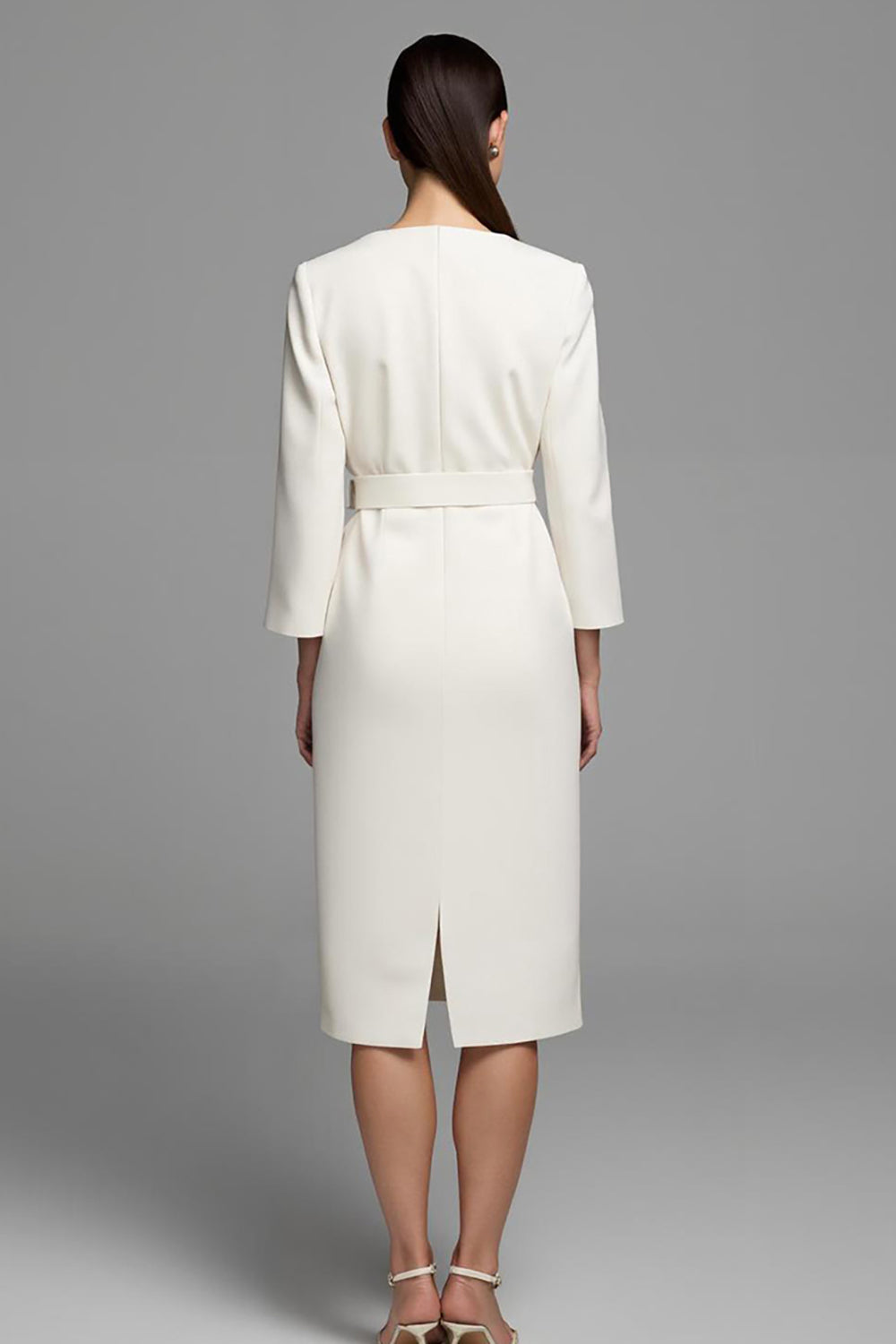 Ivory V-Neck Pencil Long Sleeves Midi Work Dress with Belt