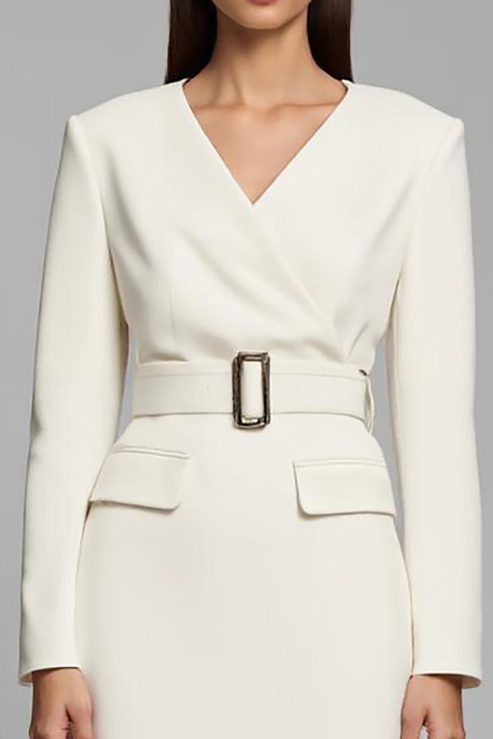 Ivory V-Neck Pencil Long Sleeves Midi Work Dress with Belt