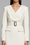 Ivory V-Neck Pencil Long Sleeves Midi Work Dress with Belt