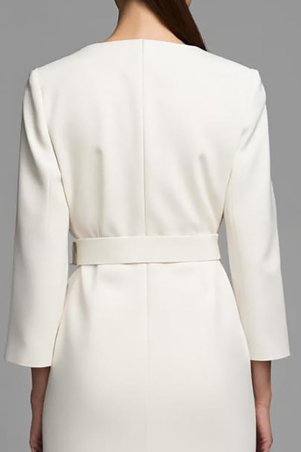 Ivory V-Neck Pencil Long Sleeves Midi Work Dress with Belt