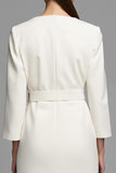 Ivory V-Neck Pencil Long Sleeves Midi Work Dress with Belt