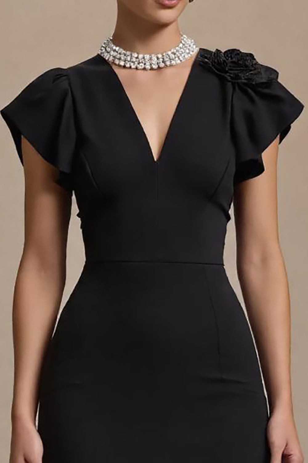 Black Satin V-Neck Pencil Midi Work Dress with Ruffles